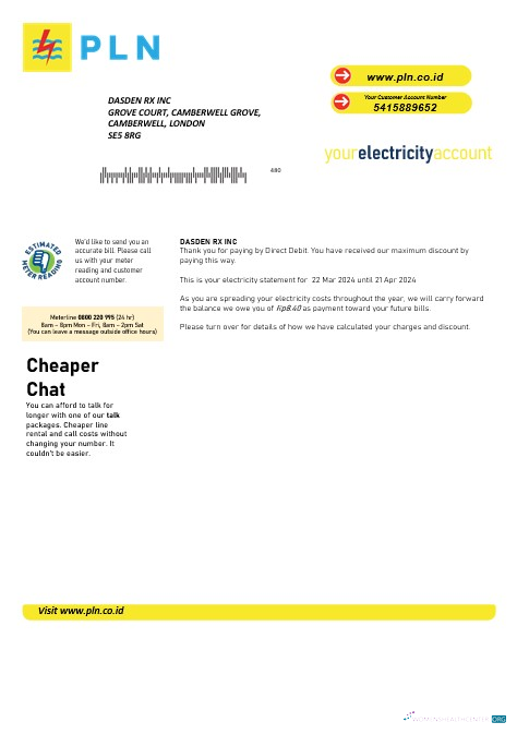 Indonesia PLN electricity business utility bill template in Word and PDF formats